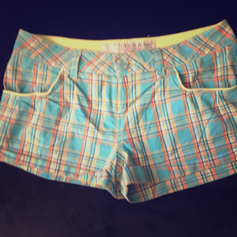 Guess blue orange green plaid shorts